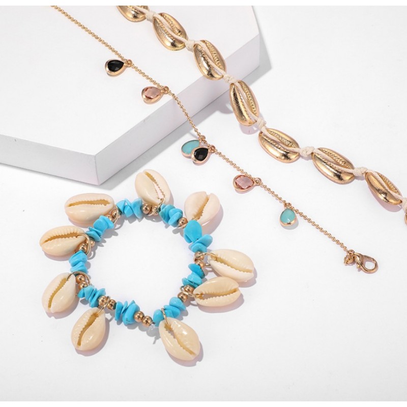 Bransoletka na stopę 3w1 złota koraliki turkusy B523 - obrazek 2