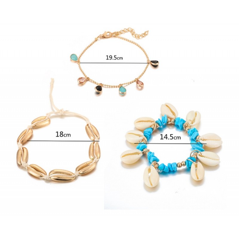 Bransoletka na stopę 3w1 złota koraliki turkusy B523 - obrazek 3