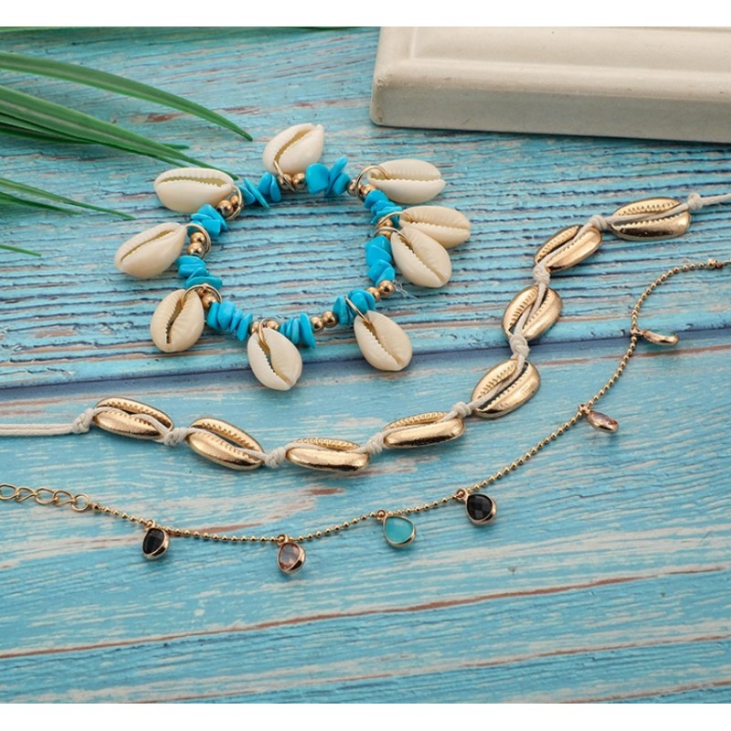 Bransoletka na stopę 3w1 złota koraliki turkusy B523 - obrazek 4