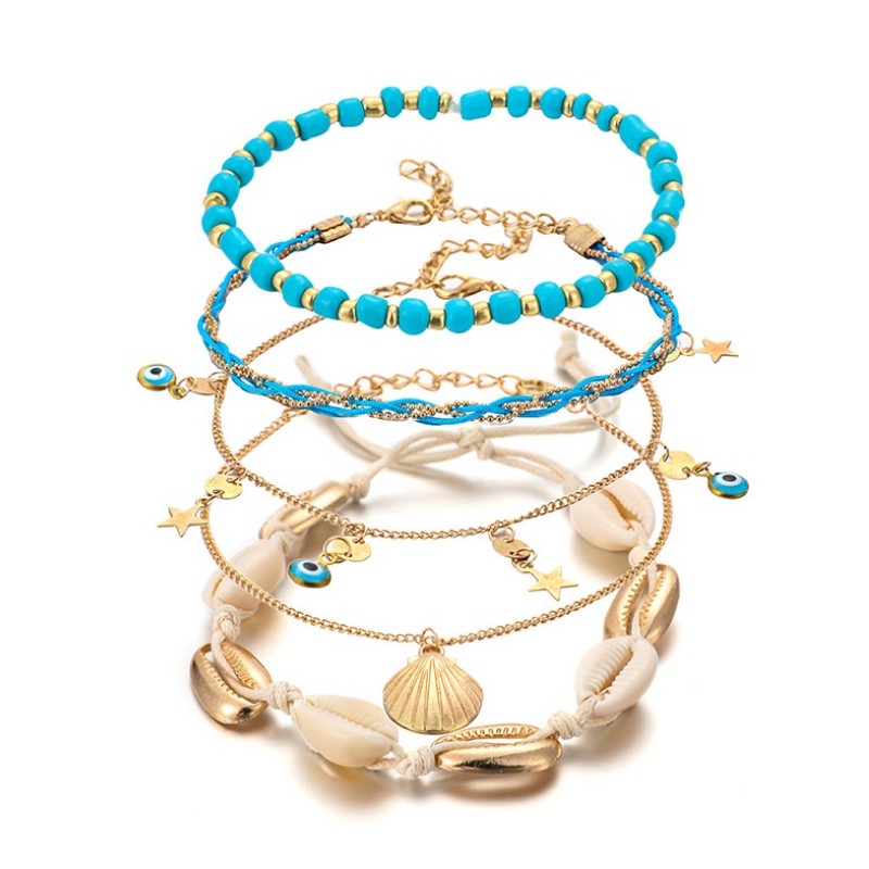 Bransoletka na stopę 5w1 złota koraliki niebieskie B496 - obrazek 2