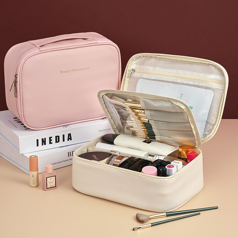 Kosmetyczka rozkładana elegancka kuferek etui z ekoskóry kremowa KS146K - obrazek 4