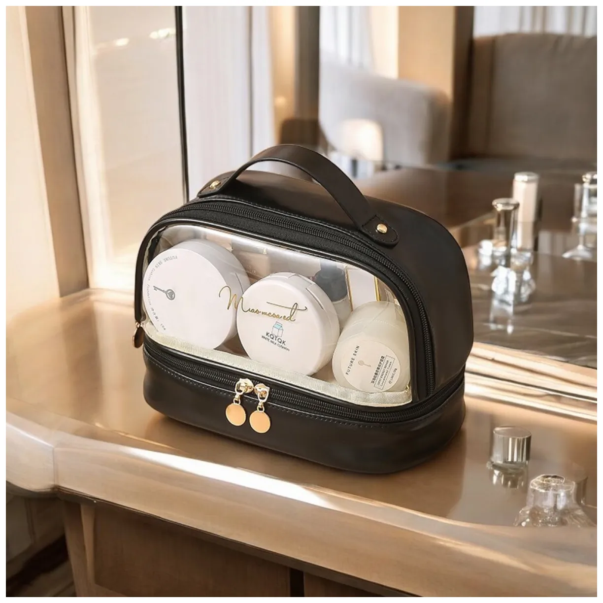 Czarna kosmetyczka organizer dwupoziomowa podróżna 23x13,5x16 cm - obrazek 2