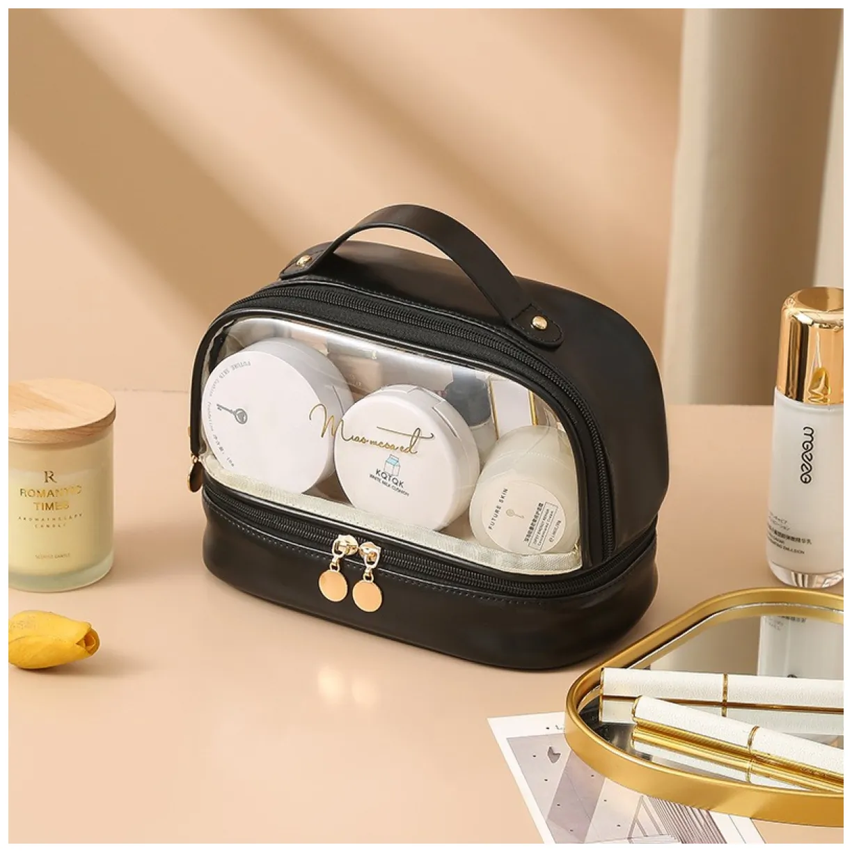 Czarna kosmetyczka organizer dwupoziomowa podróżna 23x13,5x16 cm - obrazek 3