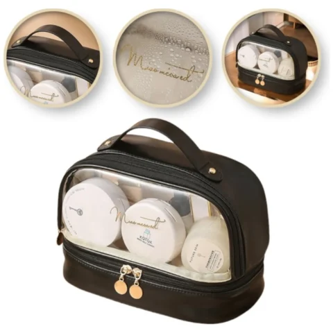 Czarna kosmetyczka organizer dwupoziomowa podróżna 23x13,5x16 cm