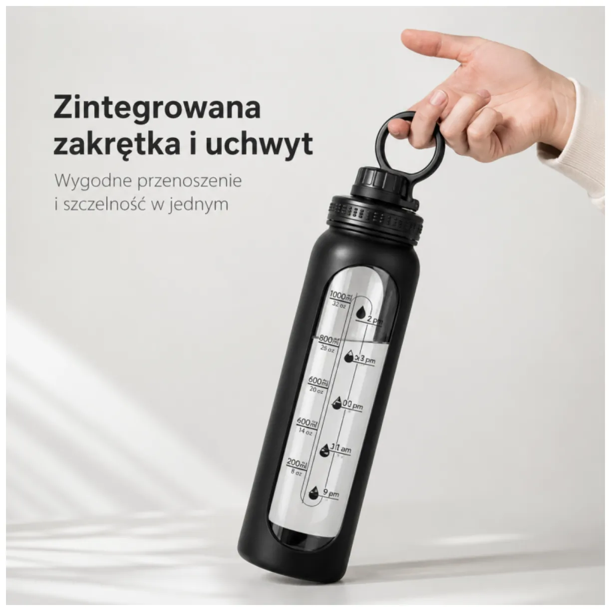 Sportowy bidon na wodę 1L przezroczysty z czarnym uchwytem i miarką - obrazek 3