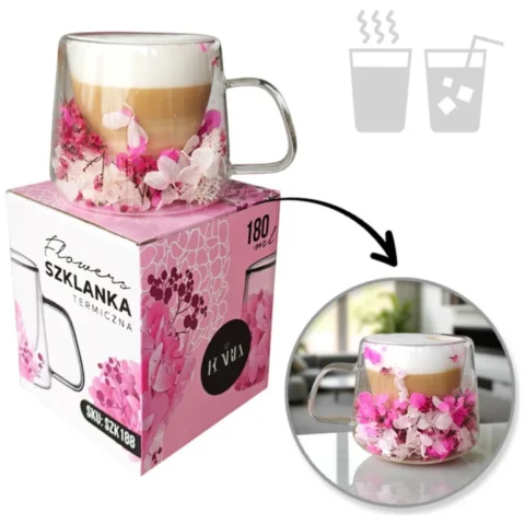 Szklanka termiczna z hortensją w środku róż 180 ml 1szt SZK188