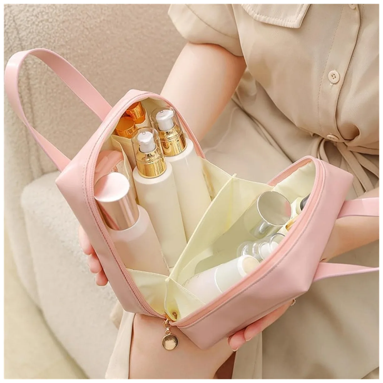 Kosmetyczka organizer na kosmetyki z rączką 17x7x19cm różowa KS128R - obrazek 2