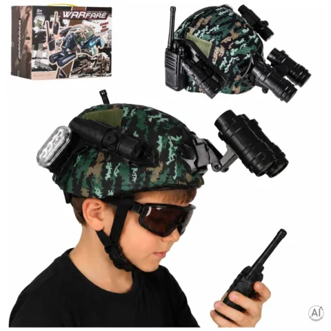 Zestaw żołnierza militarny hełm walkie talkie lornetka latarka