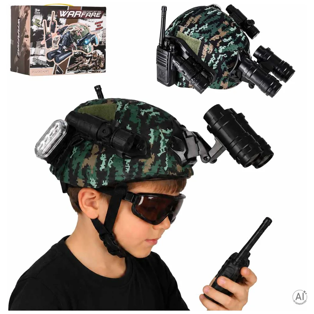 Zestaw żołnierza militarny hełm walkie talkie lornetka latarka