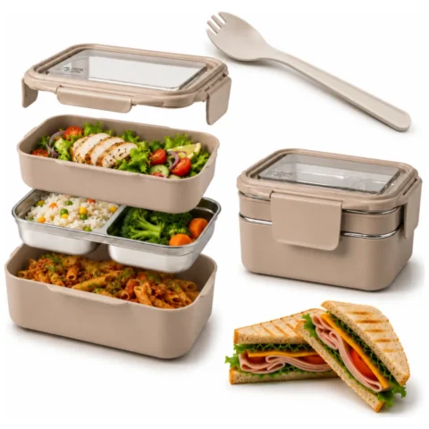 Śniadaniówka LUNCH BOX z widelcem, stal nierdzewna, 2 poziomy, kremowy PJM50K