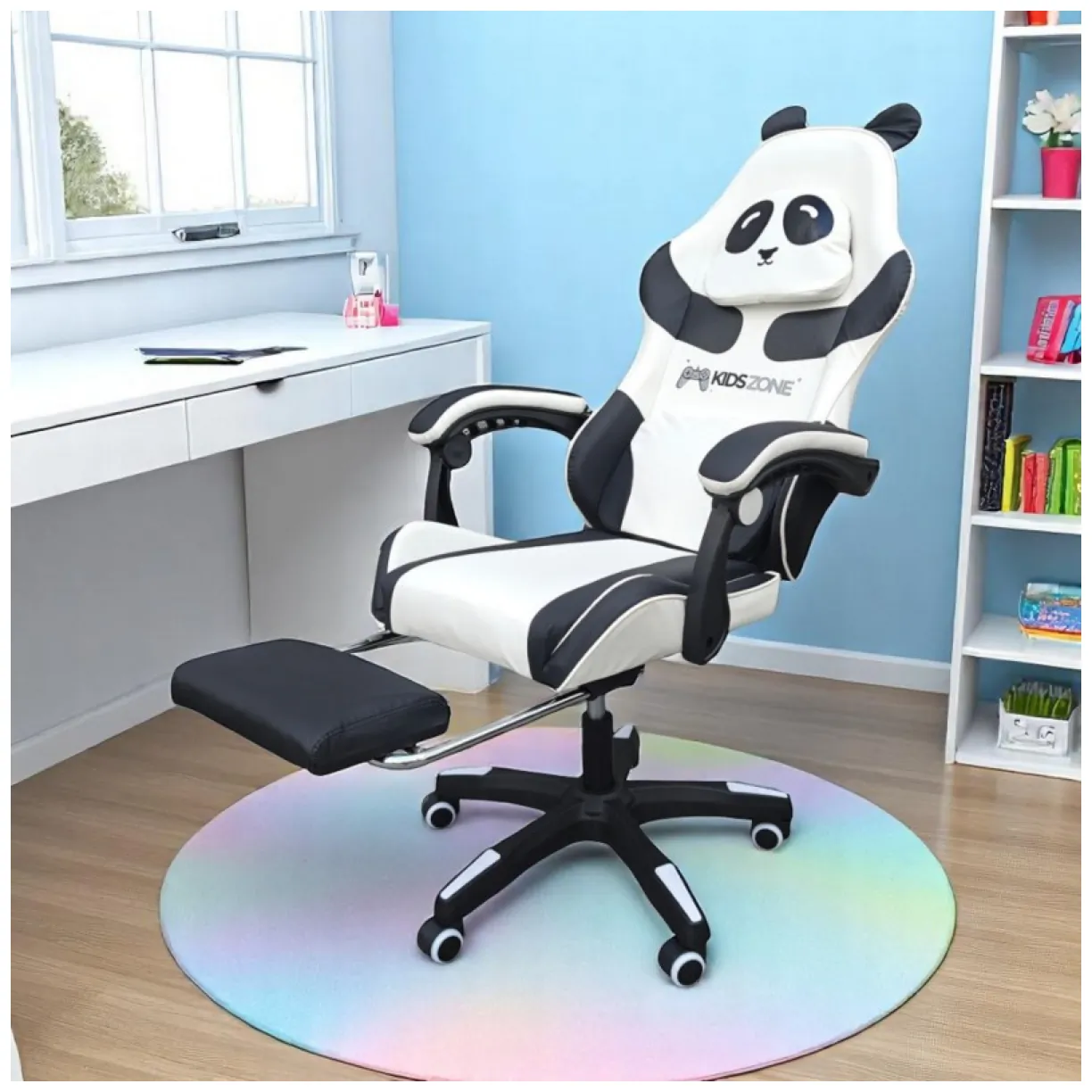 Fotel gamingowy obrotowy panda z podnóżkiem i masażerem dla dzieci - obrazek 2