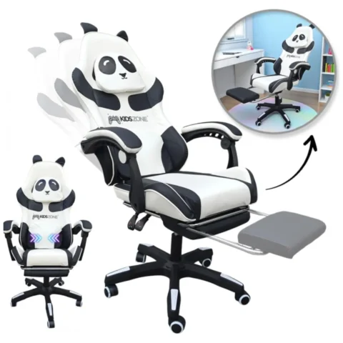 Fotel gamingowy obrotowy panda z podnóżkiem i masażerem dla dzieci