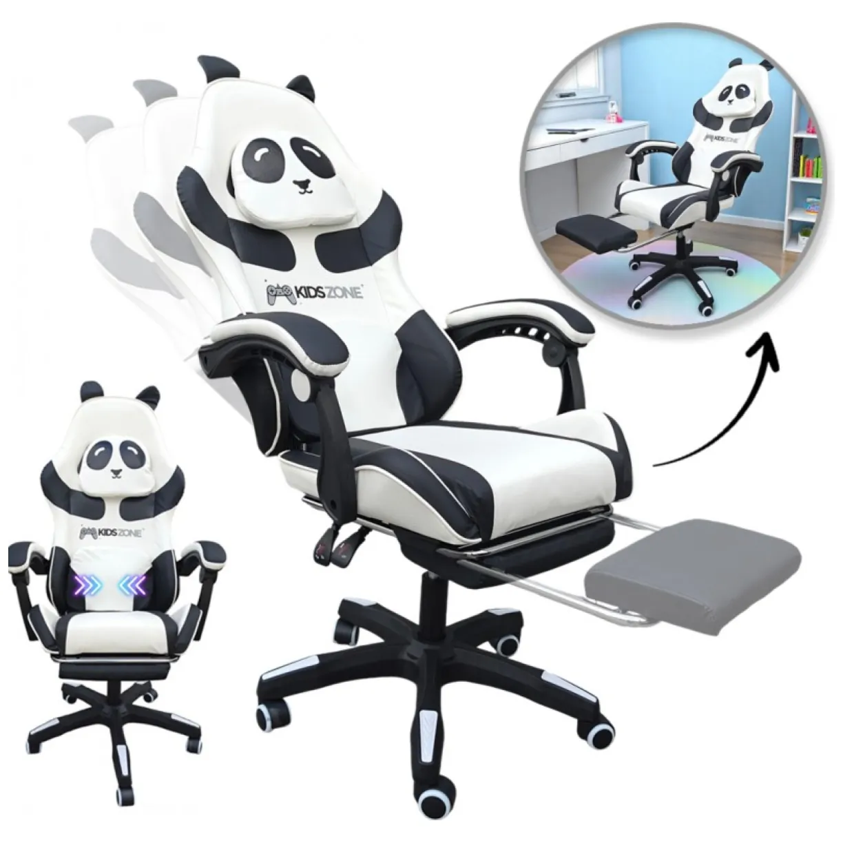 Fotel gamingowy obrotowy panda z podnóżkiem i masażerem dla dzieci