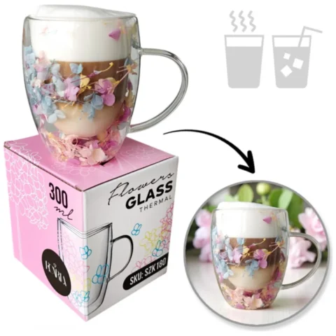Szklanka termiczna z kwiatami w środku, gipsówka hortensje róż 300 ml 1szt SZK180