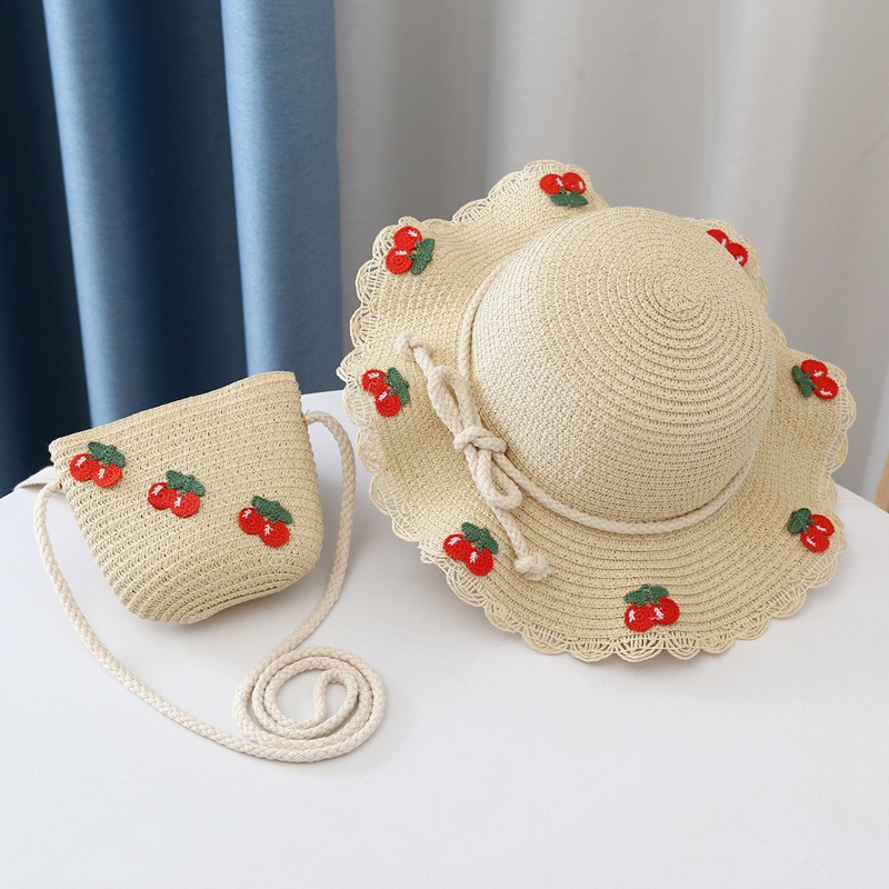 ZESTAW torebka i kapelusz 52cm dla dziewczynki słomiane WISIENKI CZ44 - obrazek 2