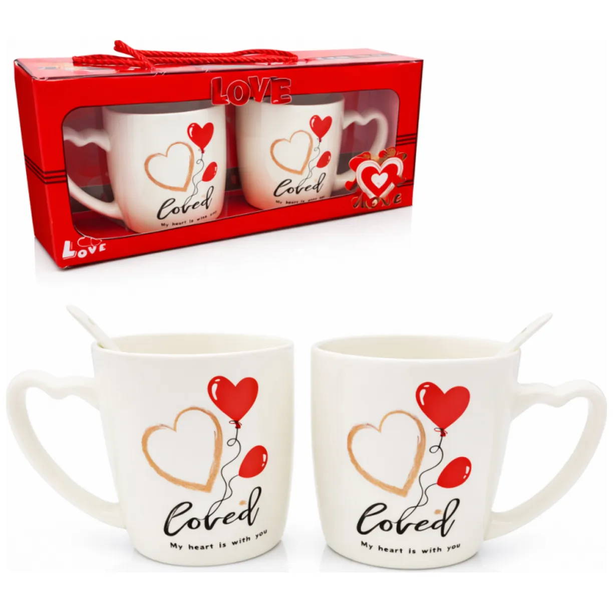Zestaw 2szt KUBKÓW WALENTYNKOWYCH - LOVE YOU w pudełku z łyżeczkami 300 ml KB24 - obrazek 2