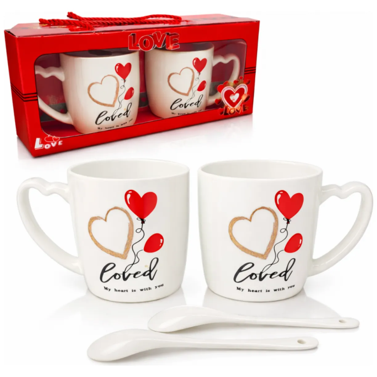 Zestaw 2szt KUBKÓW WALENTYNKOWYCH - LOVE YOU w pudełku z łyżeczkami 300 ml KB24