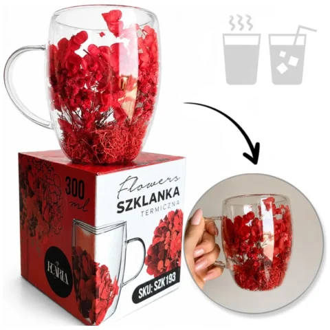 Szklanka termiczna z kwiatami w środku, pełne kwiatów mix, czerwone red 300ml 1szt
