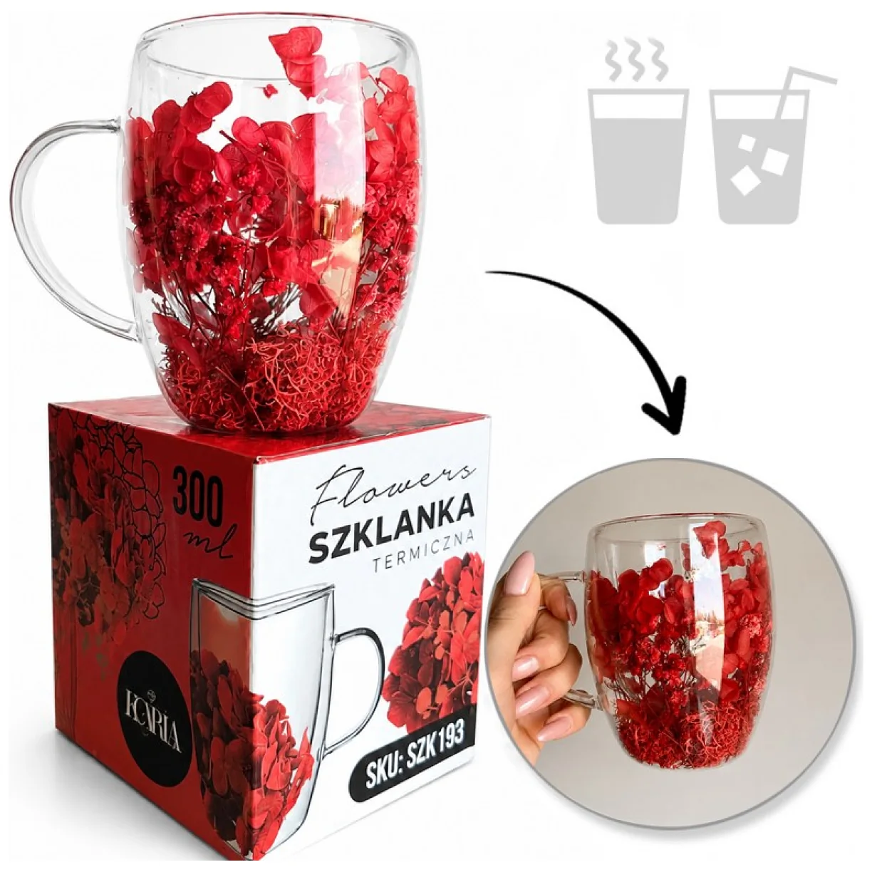 Szklanka termiczna z kwiatami w środku, pełne kwiatów mix, czerwone red 300ml 1szt