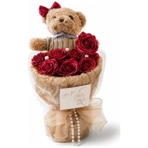 Flower box, bukiet zapachowych kwiatów mydlanych z MISIEM 8szt. BUK31CZE