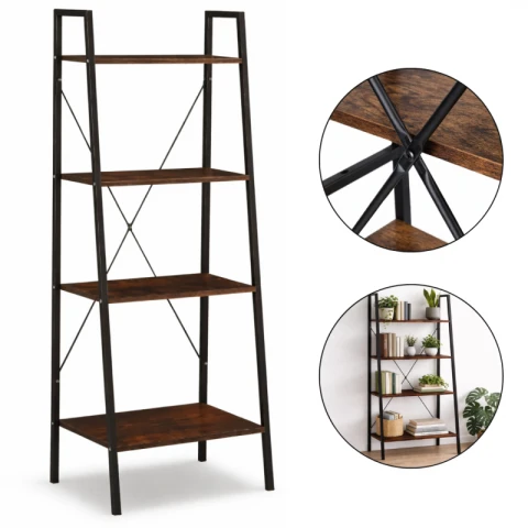 Loftowy wielofunkcyjny 4-poziomowy regał, czarny 60 x 35 x 147cm, blat brązowy SZ51BR