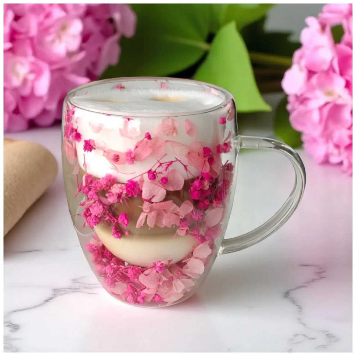 Szklanka termiczna z podwójną ścianką, gipsówką i hortensją róż 300 ml - obrazek 3