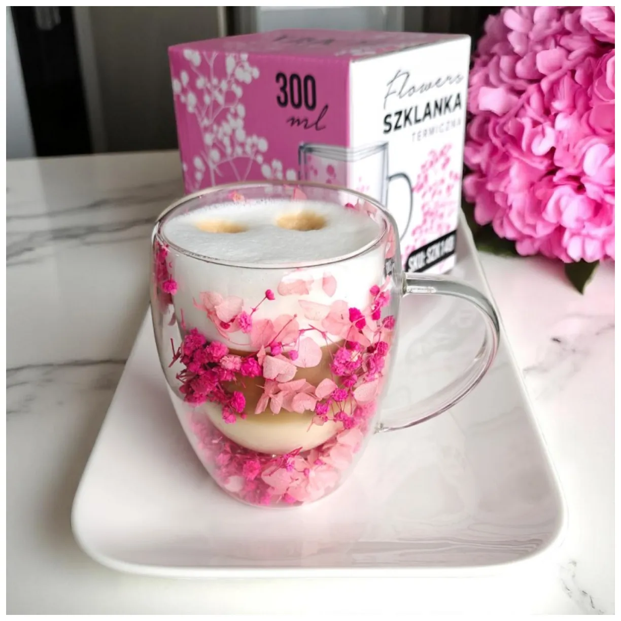 Szklanka termiczna z podwójną ścianką, gipsówką i hortensją róż 300 ml - obrazek 4