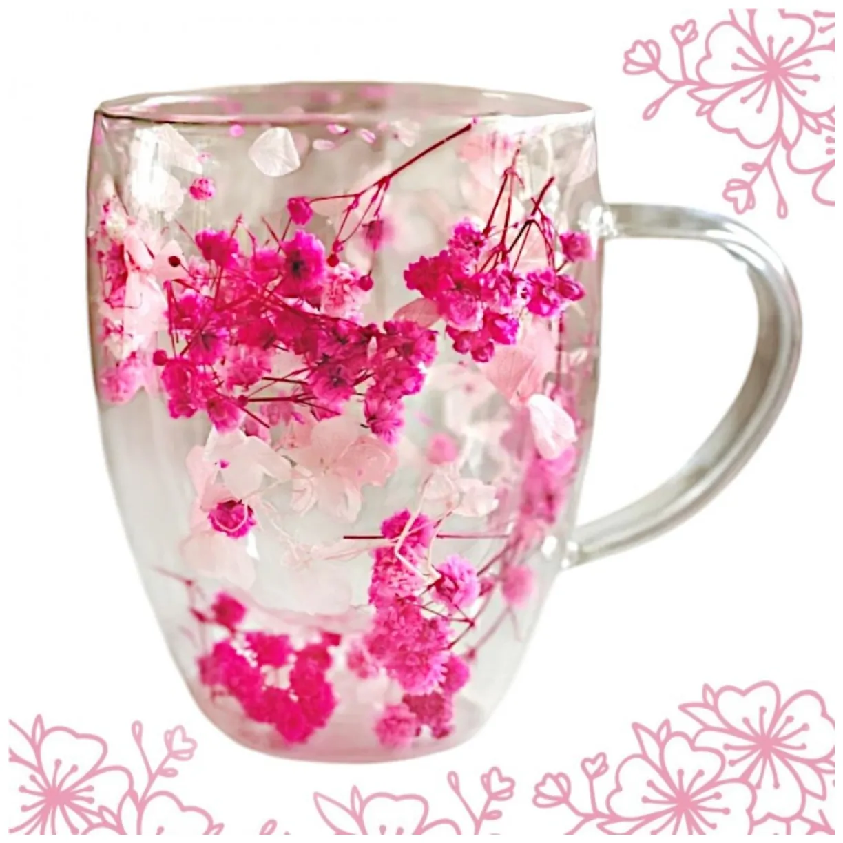 Szklanka termiczna z podwójną ścianką, gipsówką i hortensją róż 300 ml - obrazek 6