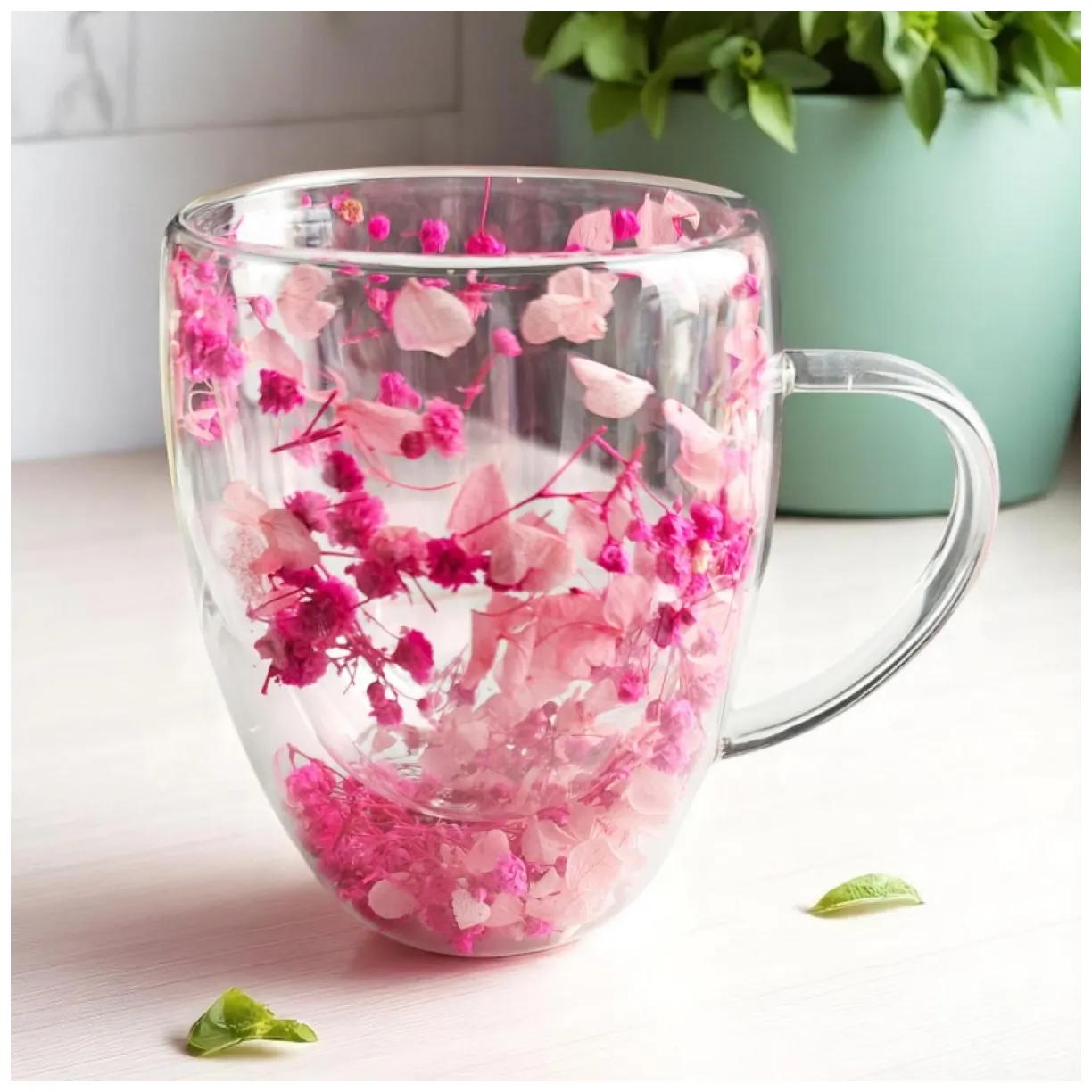Szklanka termiczna z podwójną ścianką, gipsówką i hortensją róż 300 ml - obrazek 8