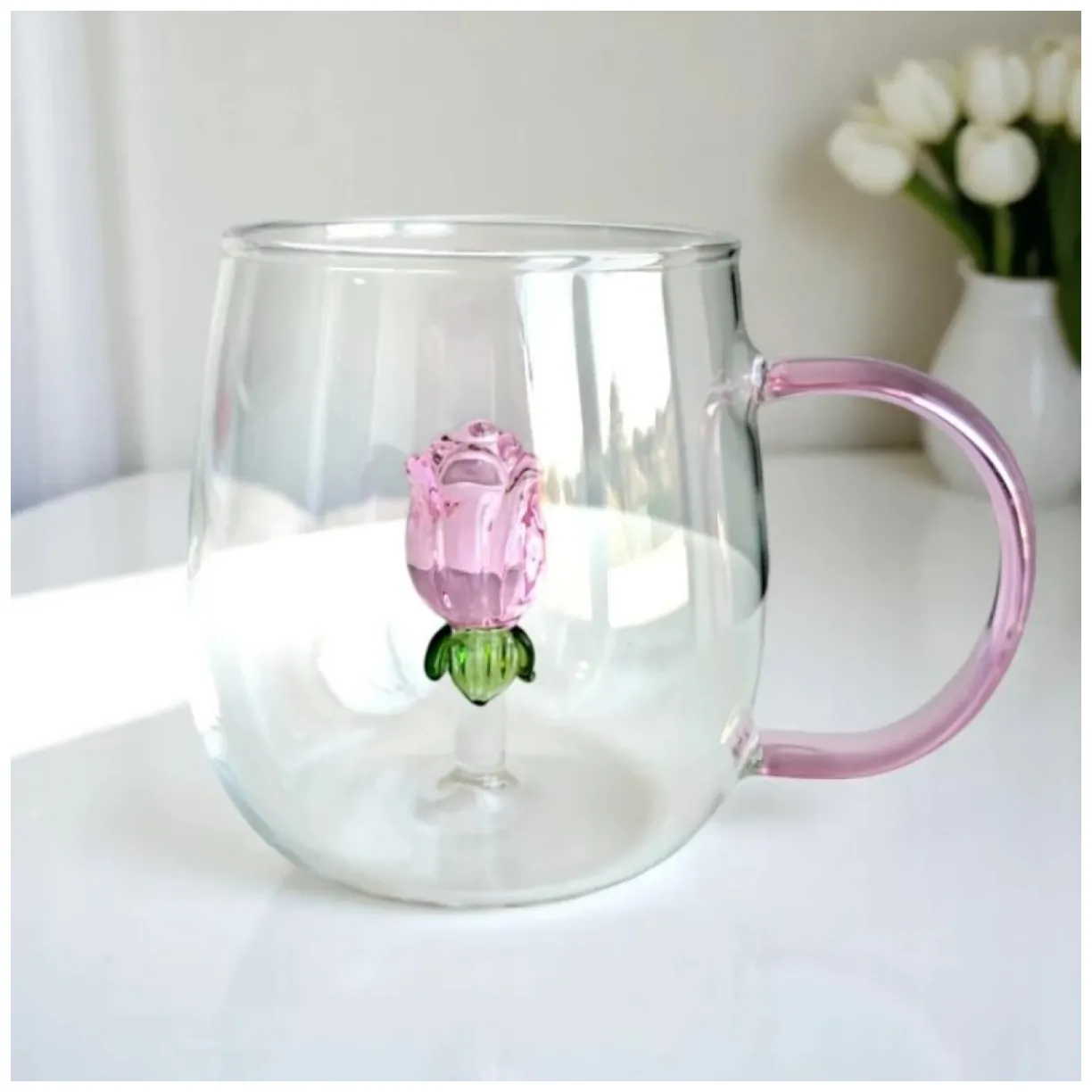 Szklanka ze szklanym tulipanem w środku, różowa rączka 400ml - SZK129 - obrazek 4