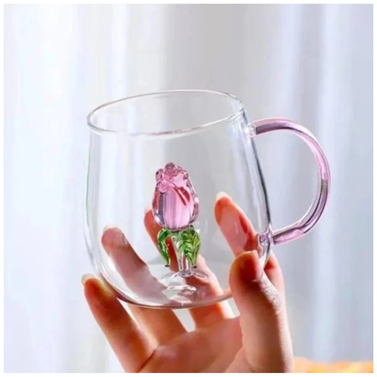 Szklanka ze szklanym tulipanem w środku, różowa rączka 400ml - SZK129 - obrazek 5