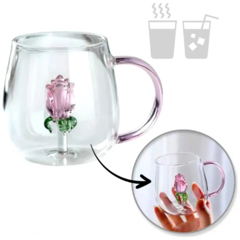 Szklanka ze szklanym tulipanem w środku, różowa rączka 400ml - SZK129