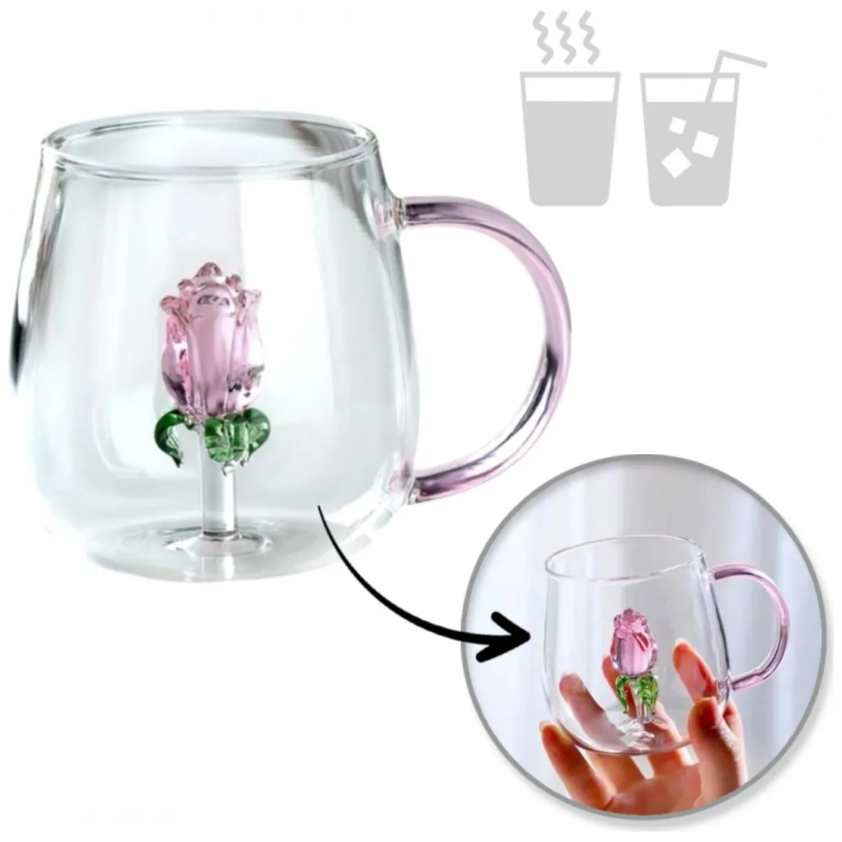Szklanka ze szklanym tulipanem w środku, różowa rączka 400ml - SZK129