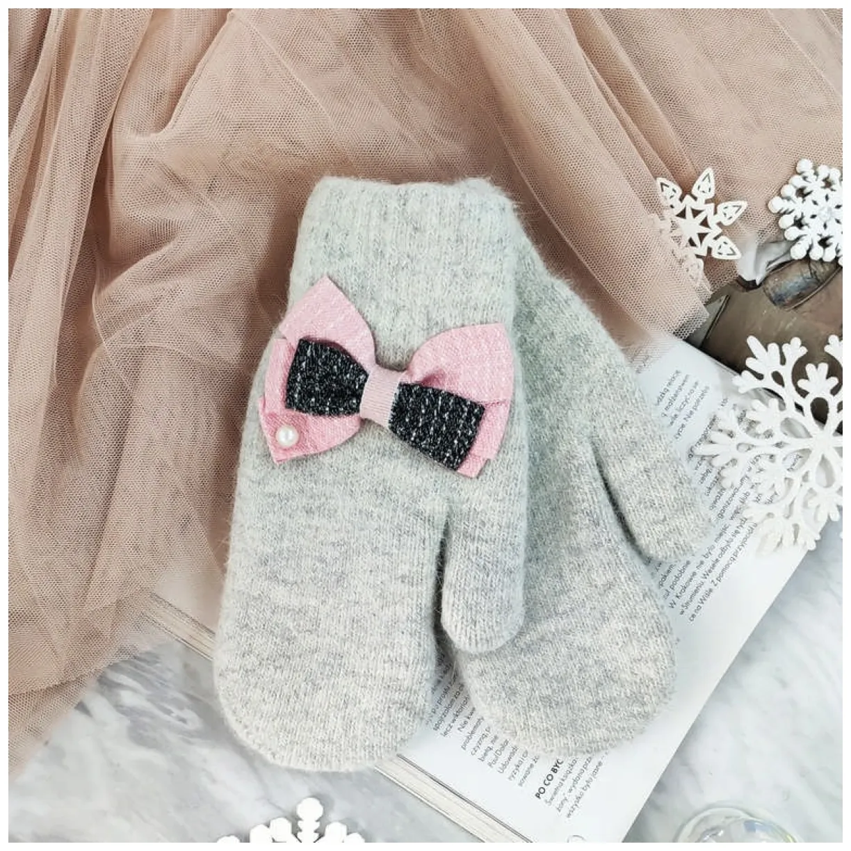 RĘKAWICZKI CUTE KOKARDKI SZARE REK133