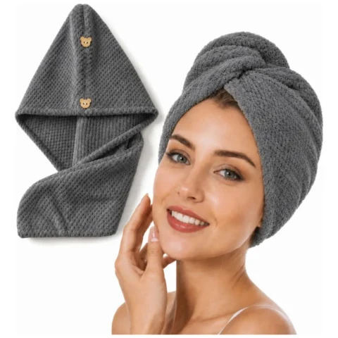 Ręcznik, kapturek, turban do włosów, bardzo chłonny, grafit 65x25 cm