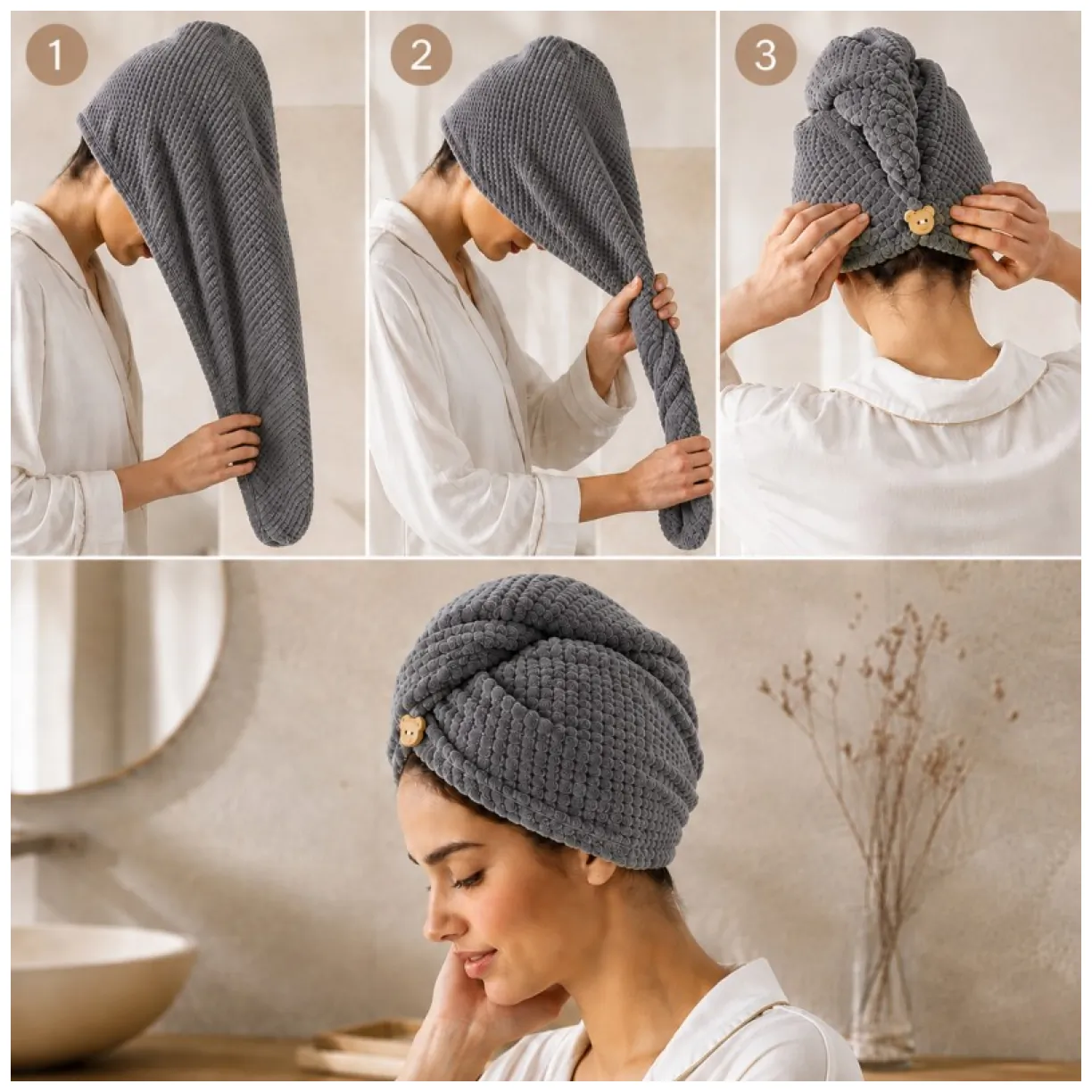 Ręcznik, kapturek, turban do włosów, bardzo chłonny, grafit 65x25 cm - obrazek 9