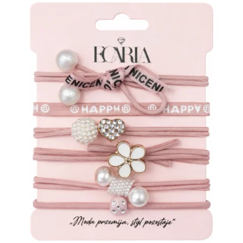 Zestaw frotek gumek 6w1 na plakietce HAPPY, różowe kokardki, cyrkonie GUM180