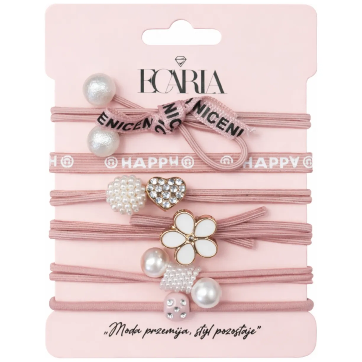 Zestaw frotek gumek 6w1 na plakietce HAPPY, różowe kokardki, cyrkonie GUM180