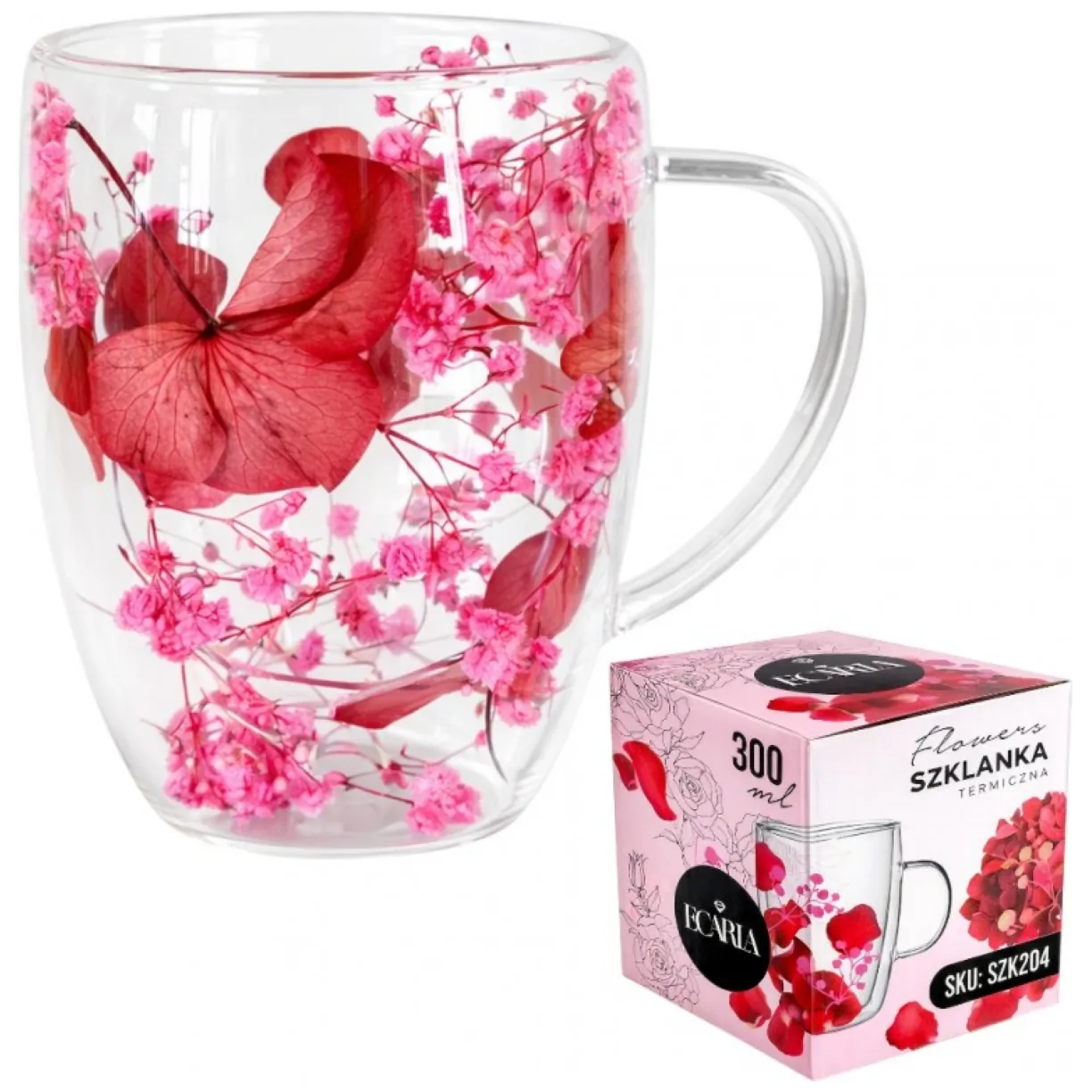 Szklanka termiczna z kwiatami w środku, gipsówka róż 300 ml 1szt SZK204