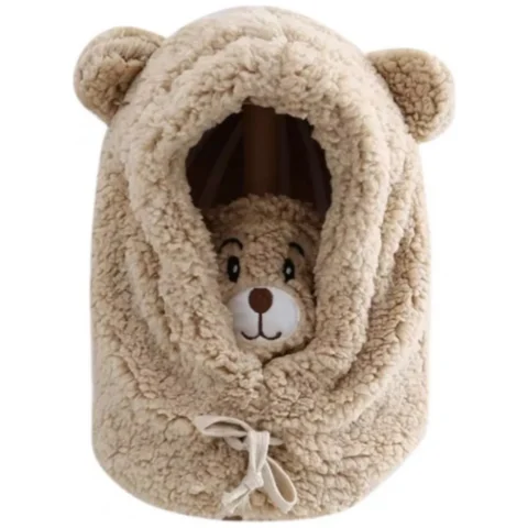 Czapka zimowa pluszowa z uszami misia + komin, 2 w 1 - brązowa CZ34WZ1