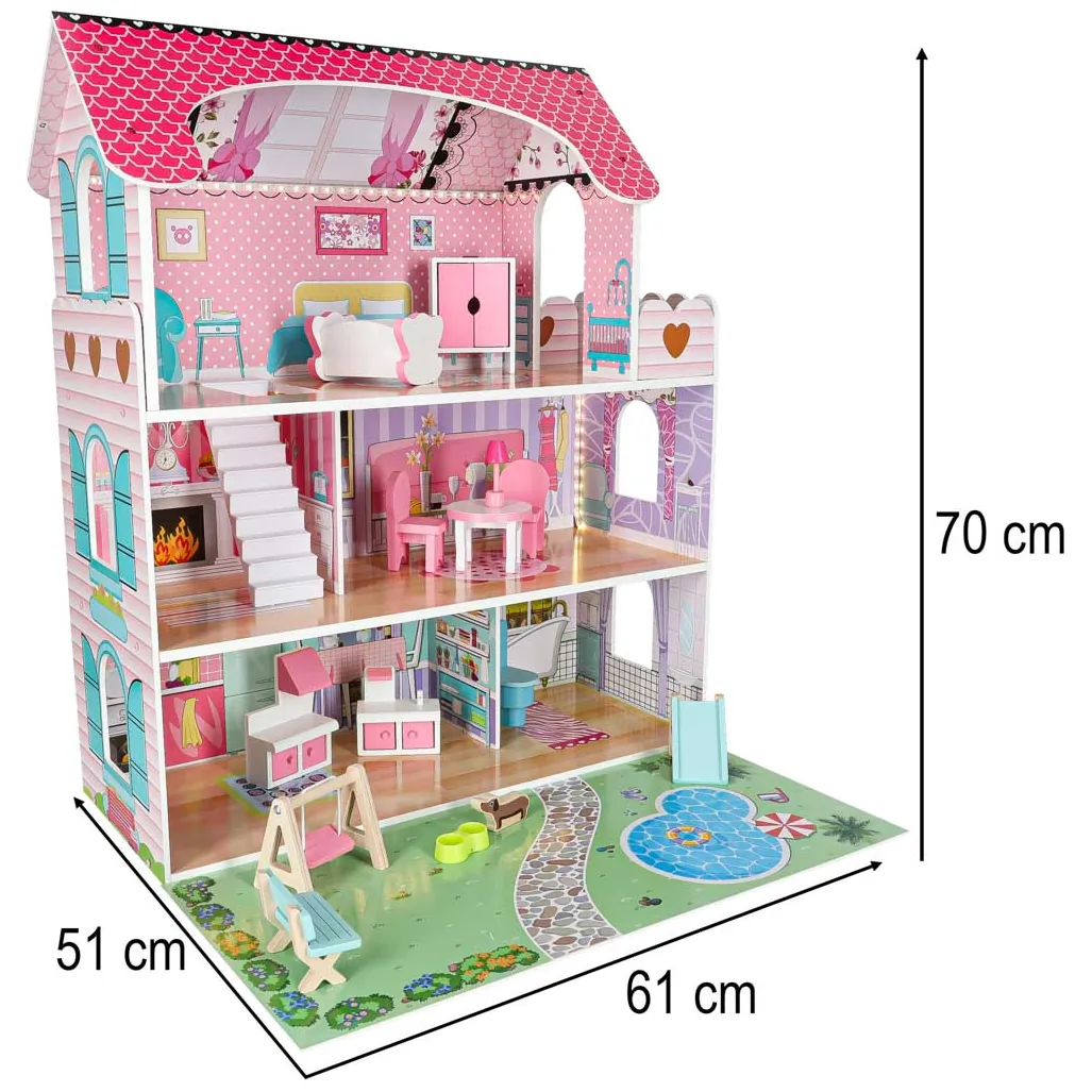 Drewniany domek dla lalek z ogródkiem i mebelkami 70 cm różowy LED - obrazek 14