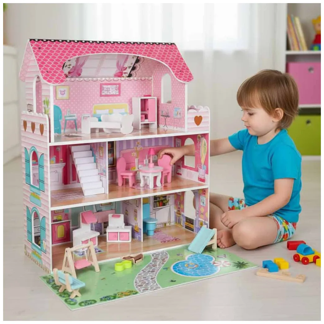 Drewniany domek dla lalek z ogródkiem i mebelkami 70 cm różowy LED - obrazek 15