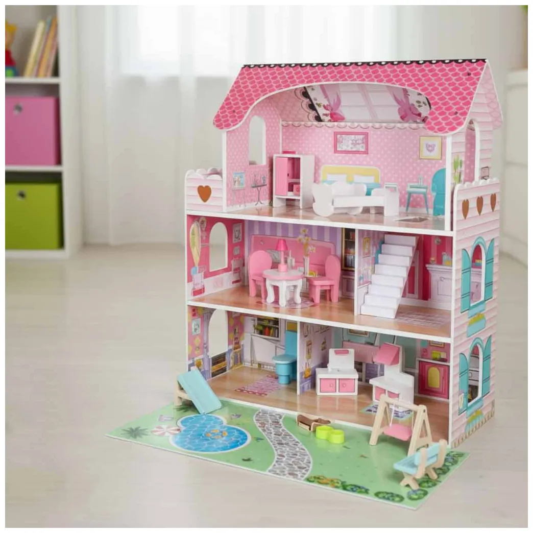 Drewniany domek dla lalek z ogródkiem i mebelkami 70 cm różowy LED - obrazek 16
