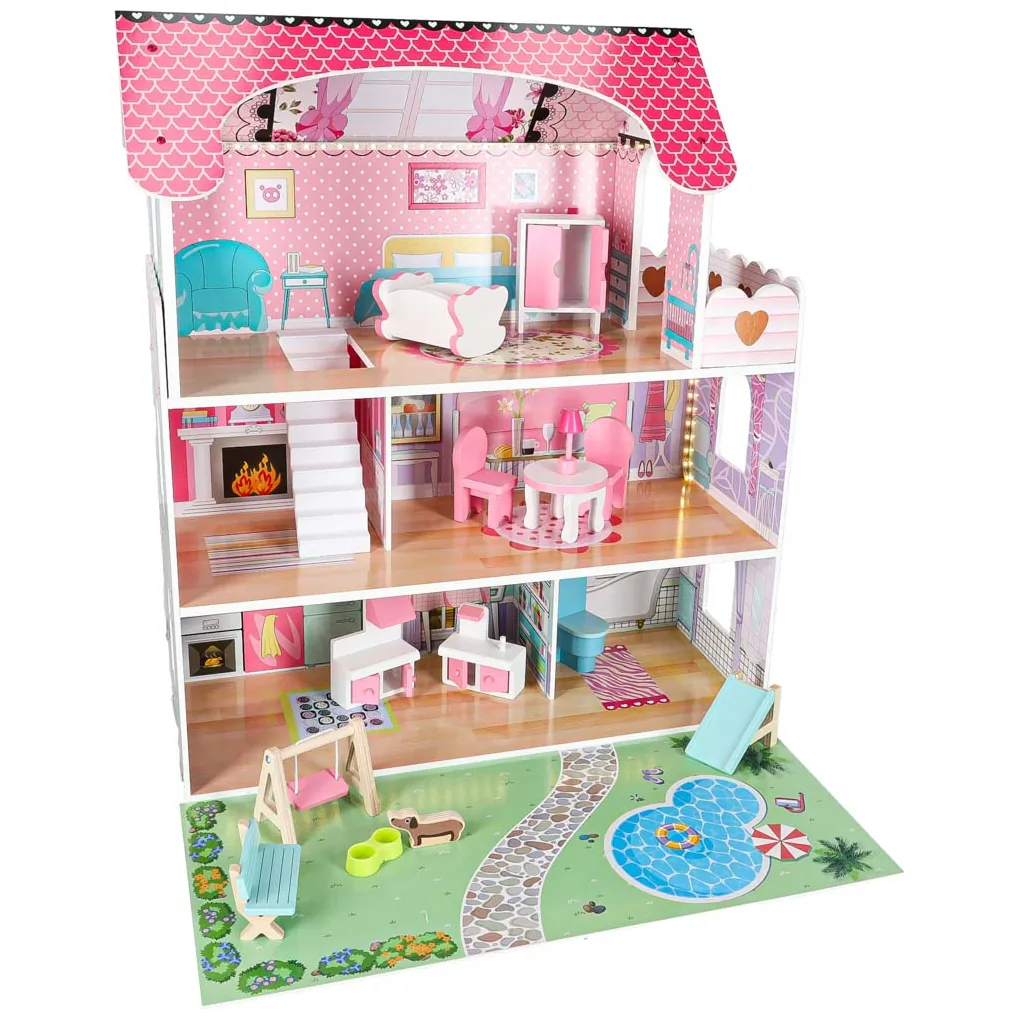 Drewniany domek dla lalek z ogródkiem i mebelkami 70 cm różowy LED - obrazek 4