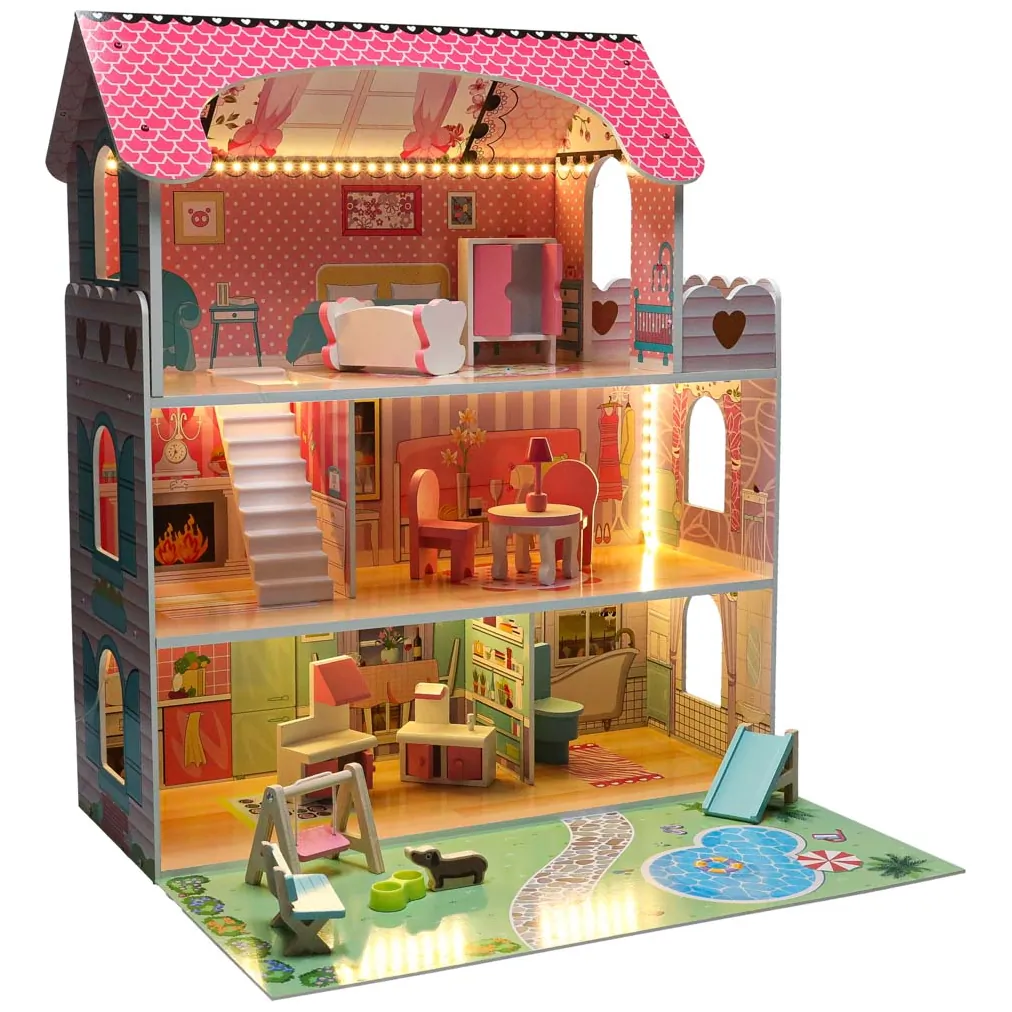 Drewniany domek dla lalek z ogródkiem i mebelkami 70 cm różowy LED - obrazek 5