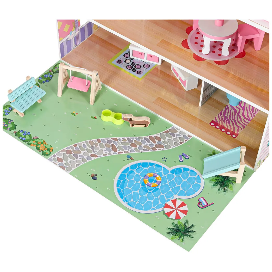 Drewniany domek dla lalek z ogródkiem i mebelkami 70 cm różowy LED - obrazek 8