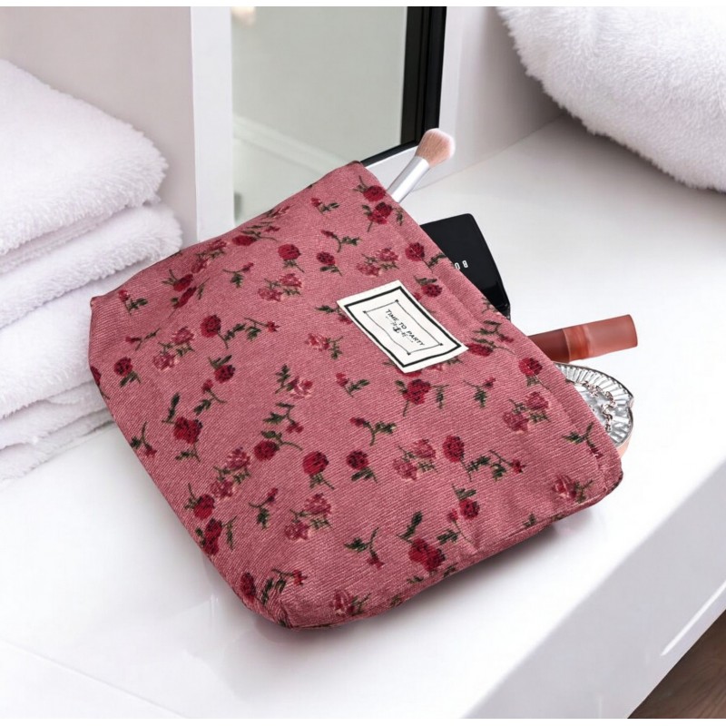 Kosmetyczka jednokomorowa różowa w czerwone kwiatuszki 25 x 5 x18 cm KS118 - obrazek 2