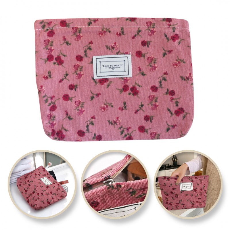 Kosmetyczka jednokomorowa różowa w czerwone kwiatuszki 25 x 5 x18 cm KS118