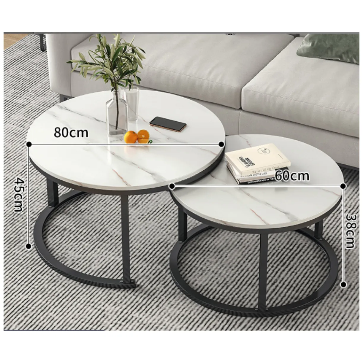 Zestaw okrągłych stolików kawowych 2w1 biały marmur 60 i 80 cm - obrazek 9