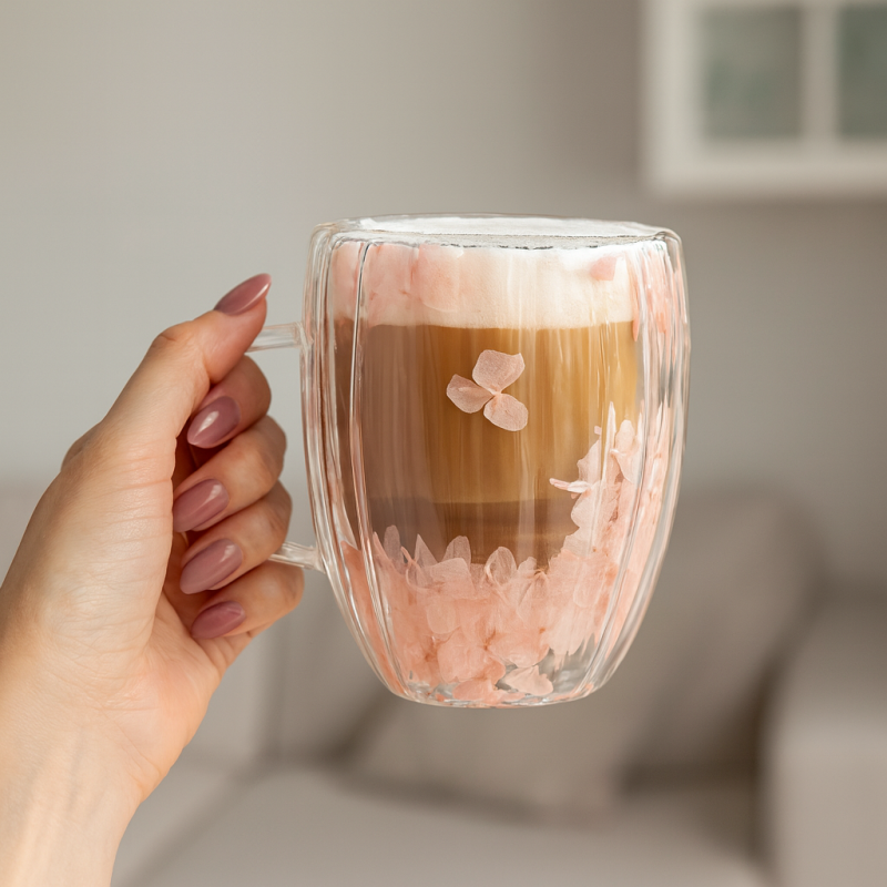 Szklanka termiczna ryflowana z kwiatami w środku, gipsówka róż 300 ml 1szt SZK157 - obrazek 2